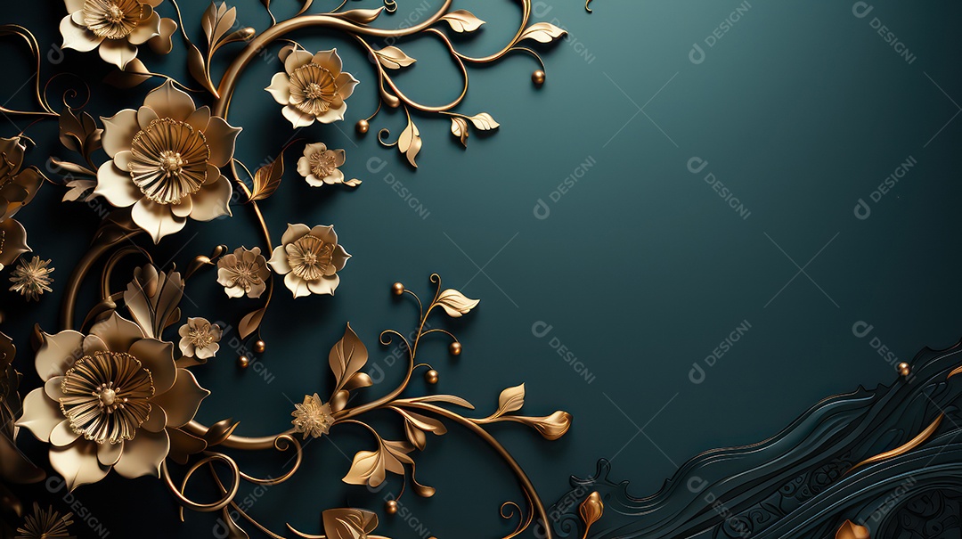 Fundo preto e azul com flores e folhas douradas.