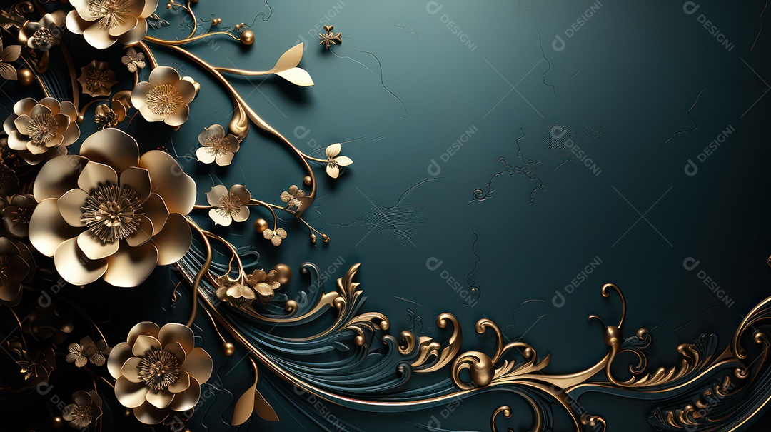 Moldura sobre fundo preto e azul com flores e folhas douradas.