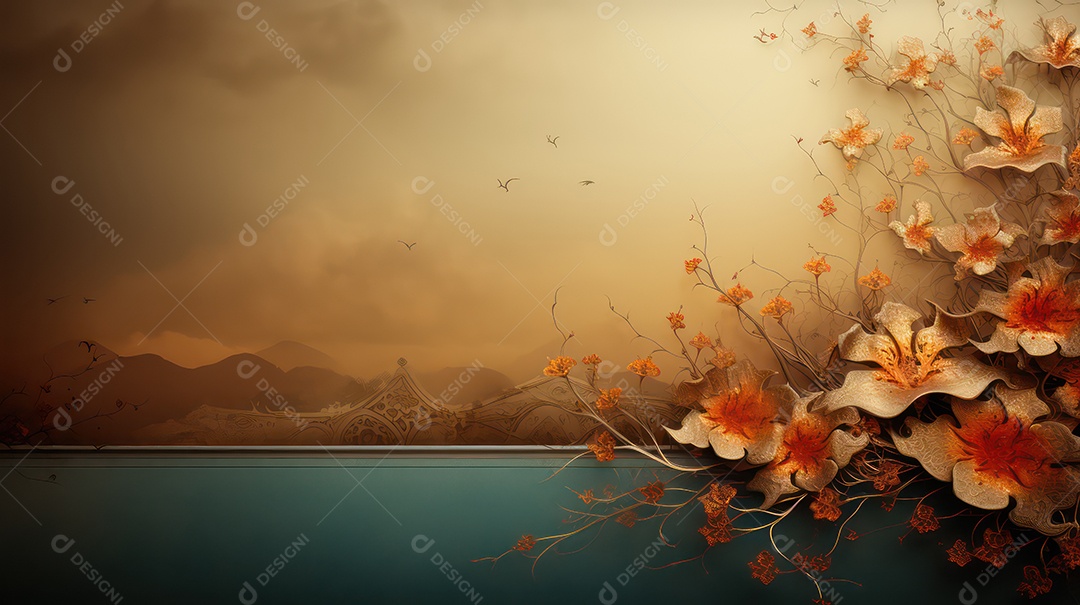 Moldura sobre fundo dourado com flores e folhas douradas e laranja.