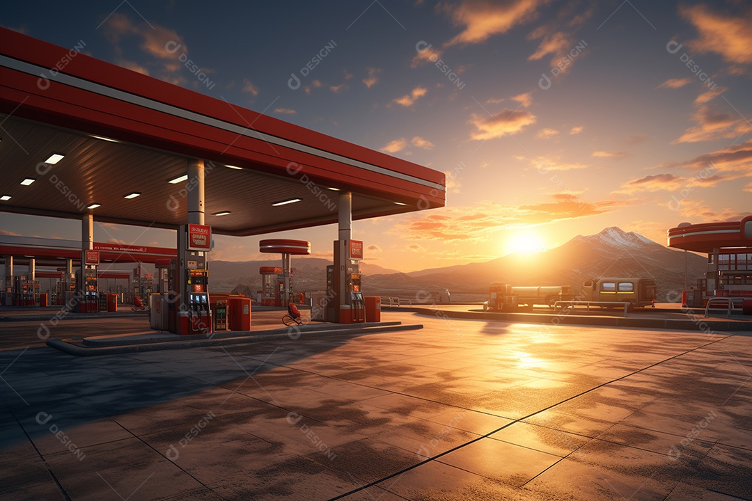 Posto de gasolina renderizado em 3D em fundo de uma linda paisagem desértica IA