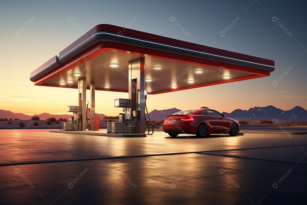 Posto de gasolina renderizado em 3D em fundo de uma linda paisagem desértica IA