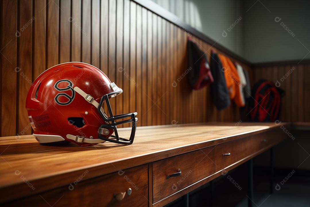 Belo capacete de futebol americano sobre mesa de madeira em vestiário renderizado em 3D