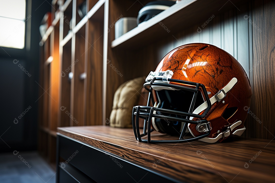 Belo capacete de futebol americano sobre mesa de madeira em vestiário renderizado em 3D