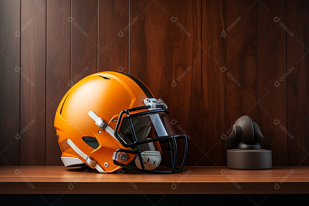 Belo capacete de futebol americano sobre mesa de madeira em vestiário renderizado em 3D
