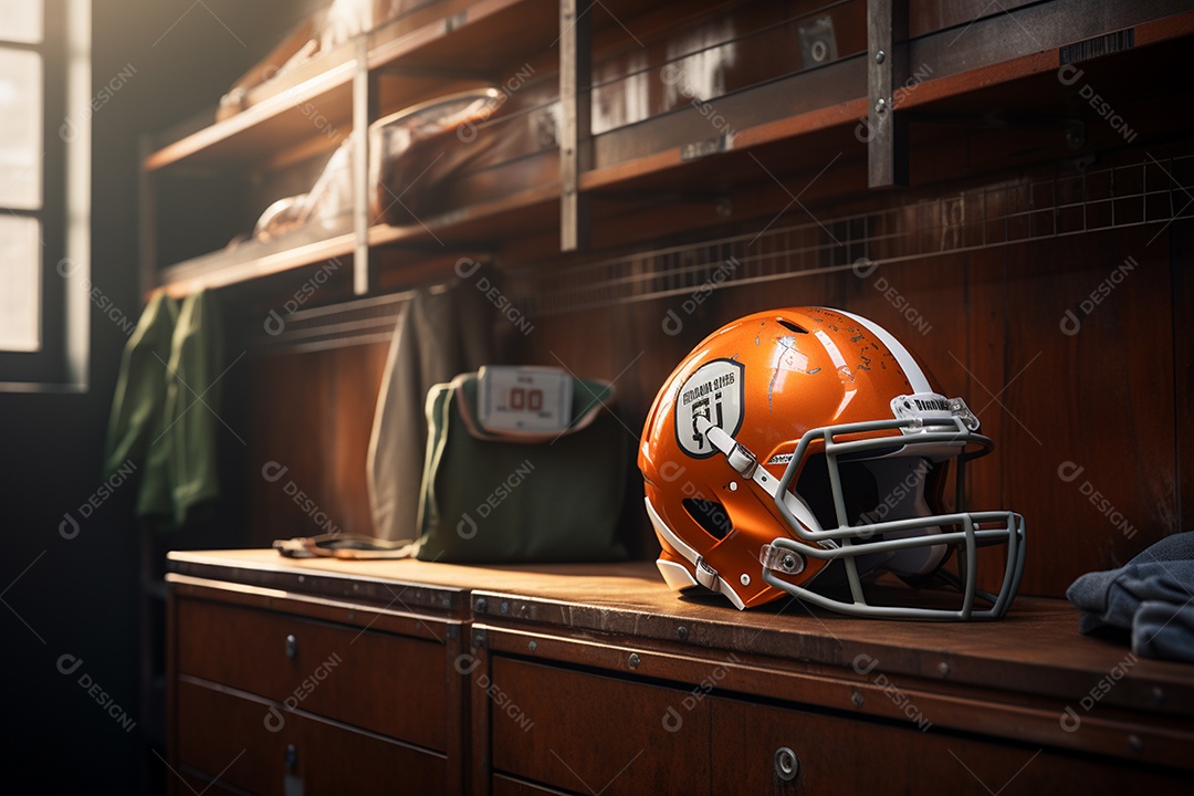 Belo capacete de futebol americano sobre mesa de madeira em vestiário renderizado em 3D