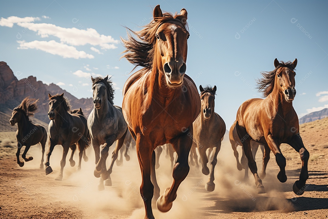 Grande grupo de cavalos jovens bonitos e poderosos em fundo renderizado em 3d