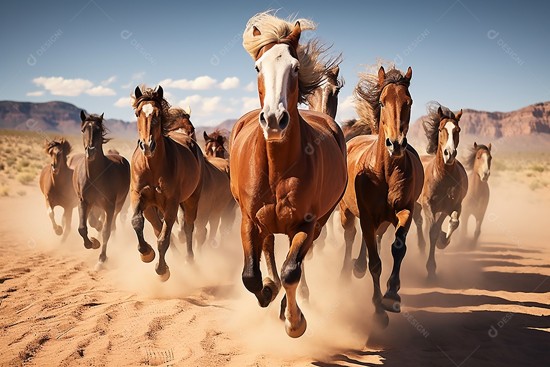 Grande grupo de cavalos jovens bonitos e poderosos em fundo renderizado em 3d