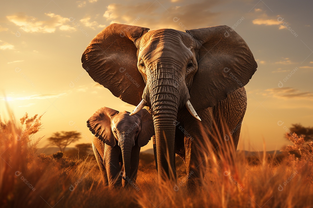 Elefante adulta com seu filhote bebê sobre fundo de uma selva IA