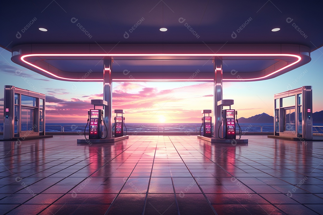 Linda plataforma de posto de gasolina renderizado em 3d com luzes neon IA