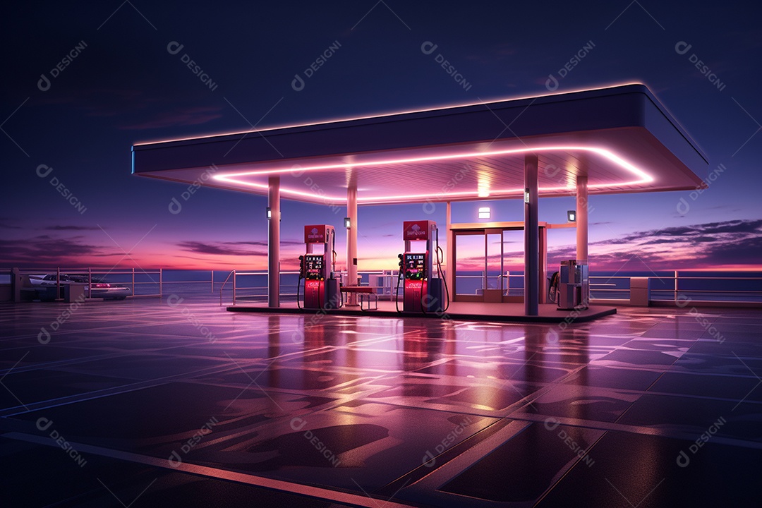 Linda plataforma de posto de gasolina renderizado em 3d com luzes neon IA