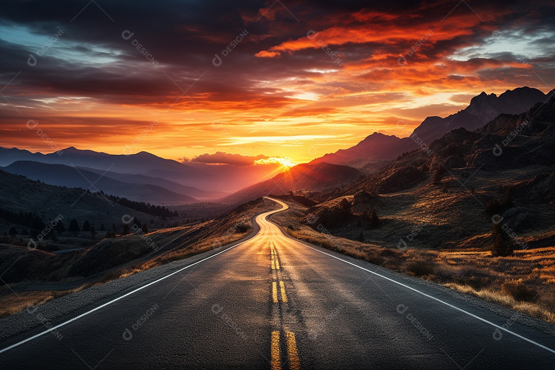 Bela estrada ao redor de montanhas com silhuetas ao anoitecer IA