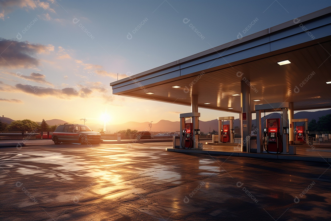 Posto de gasolina renderizado em 3D em fundo de uma linda paisagem desértica IA