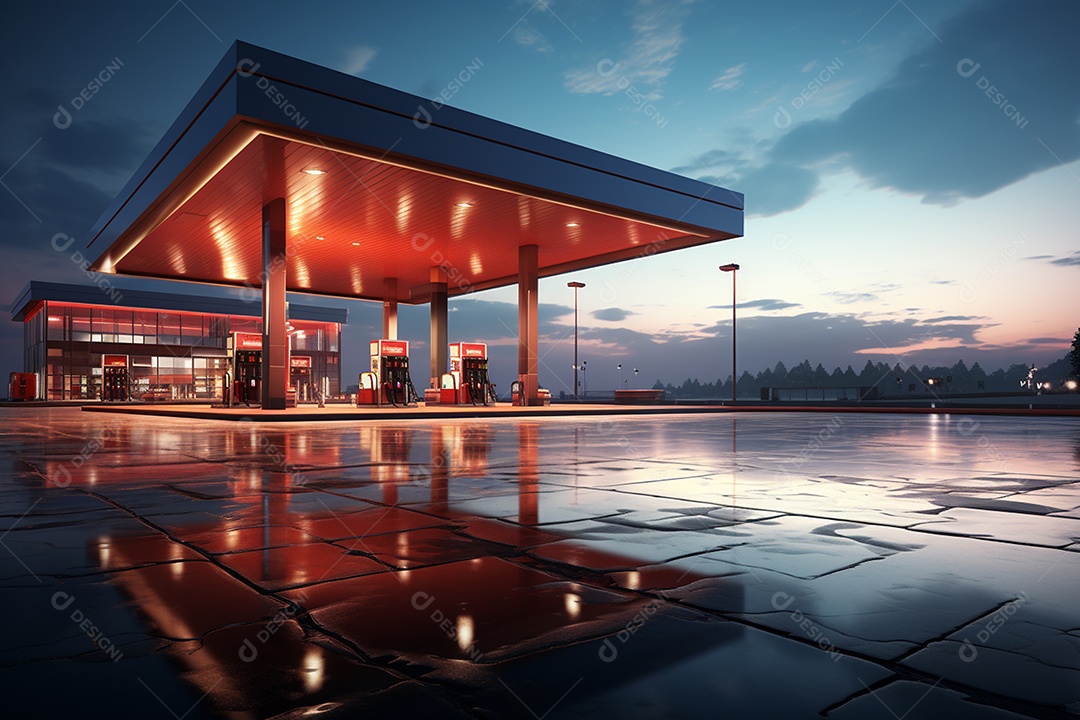 Posto de gasolina renderizado em 3D em fundo de uma linda paisagem desértica IA