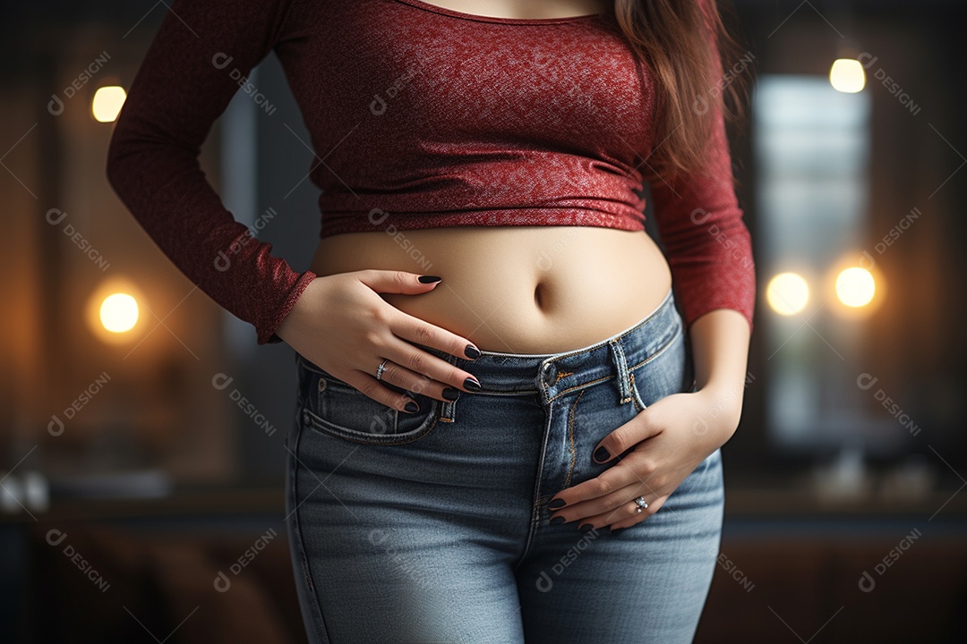 Bela mulher mostrando barriga grossa e inflada sobre fundo desfocado
