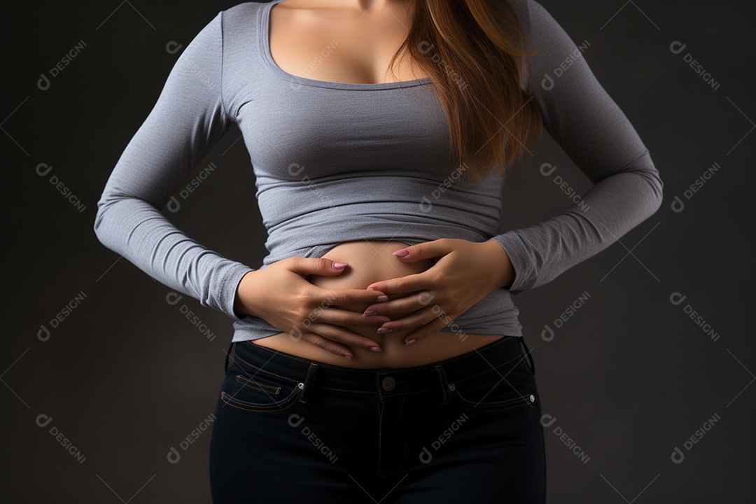 Bela mulher mostrando barriga grossa e inflada sobre fundo desfocado