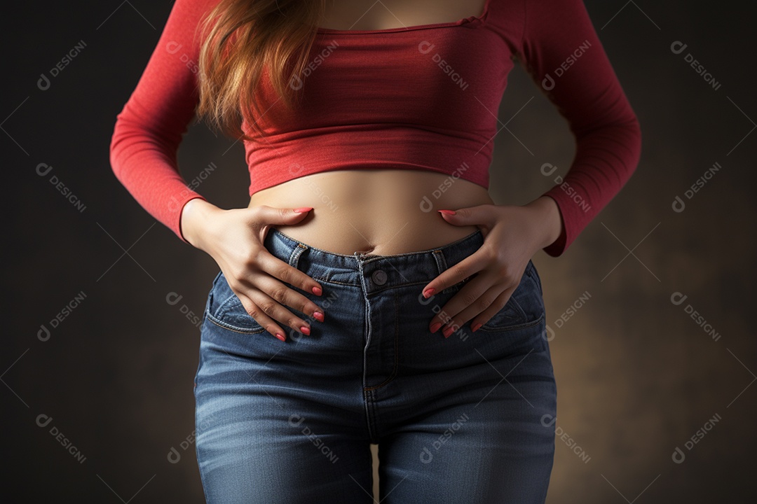 Bela mulher mostrando barriga grossa e inflada sobre fundo desfocado