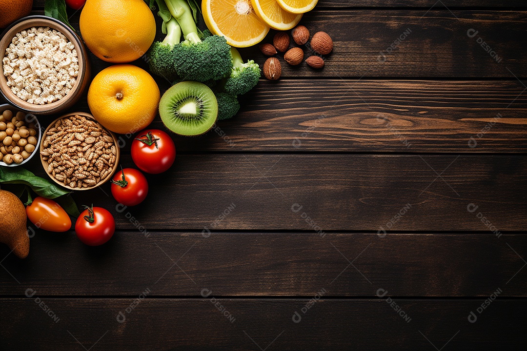 Bela composição de alimentos saudável sobre mesa de madeira