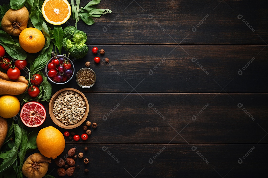 Bela composição de alimentos saudável sobre mesa de madeira