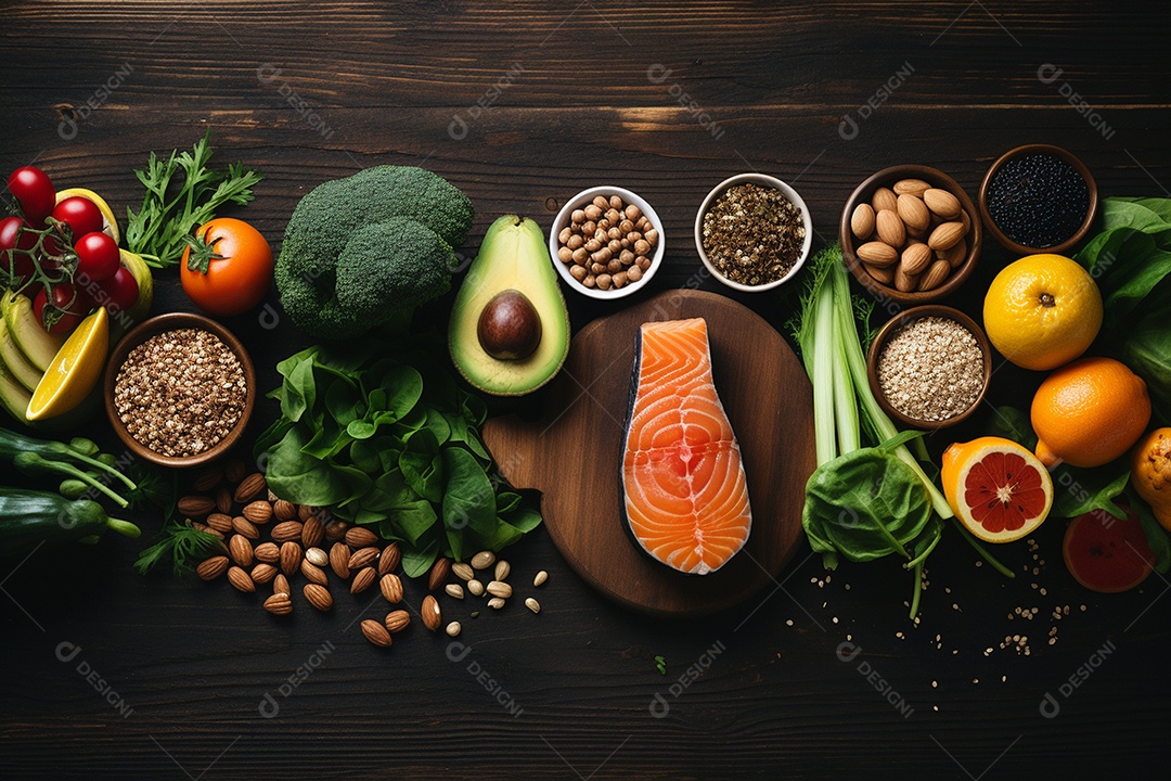 amjadpk_Flat_lay_composition_with_scales_Bela composição de alimentos saudável sobre mesa de madeira healthy_food_and_sport_fd73d12a-e594-4bdb-92b9-b5beb07b41c0