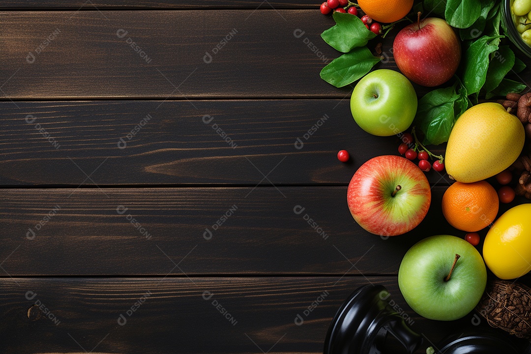 Bela composição de frutas saudável sobre mesa de madeira