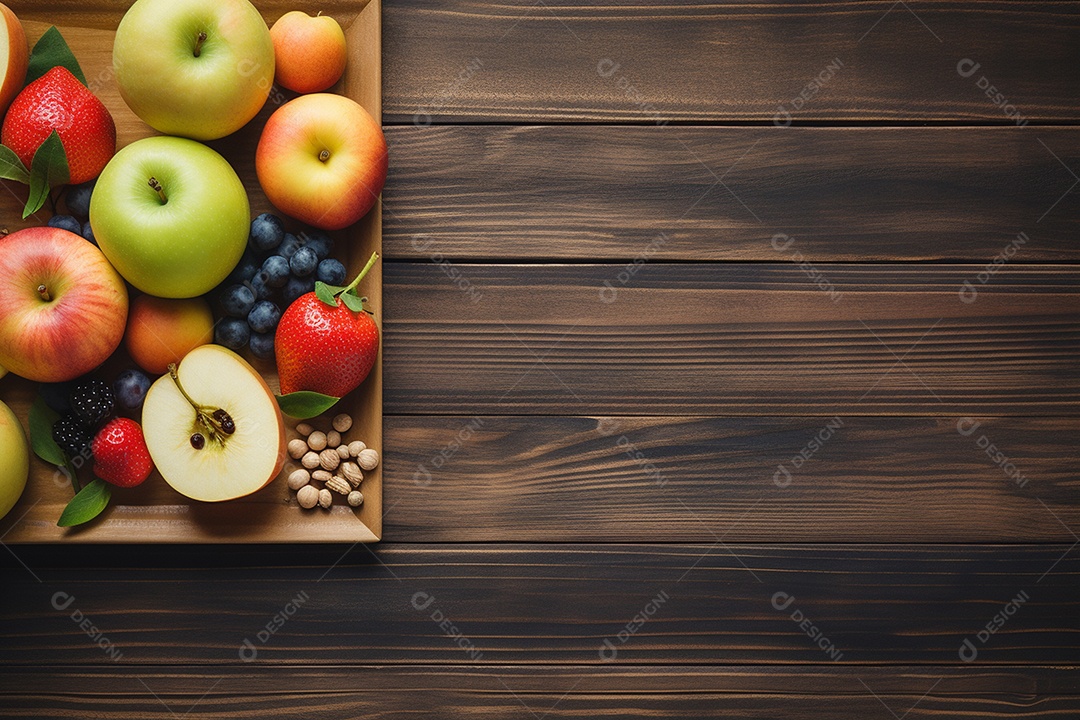 Bela composição de frutas saudável sobre mesa de madeira