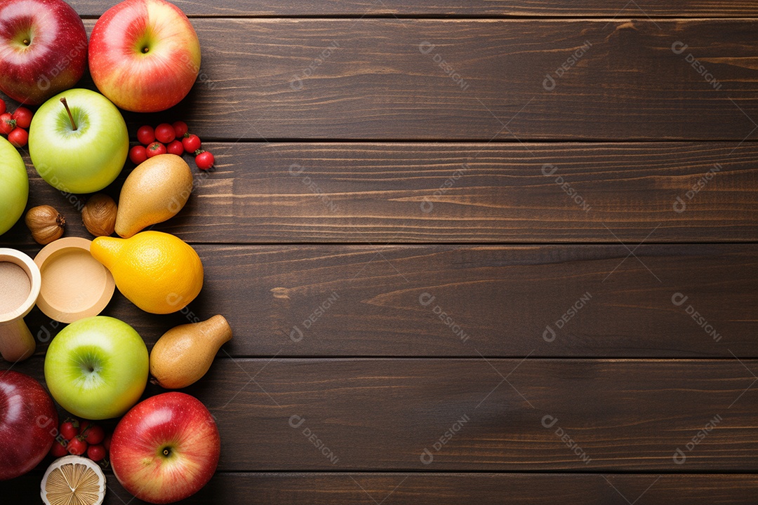 Bela composição de frutas saudável sobre mesa de madeira