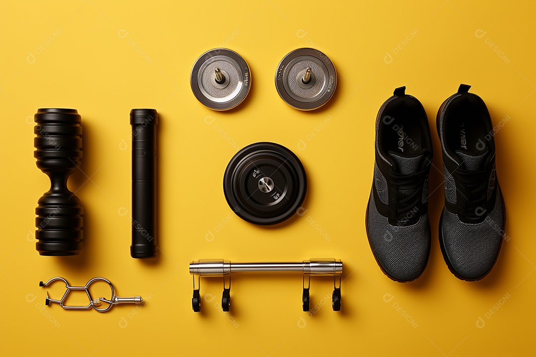 Equipamento para treinamento com ilustração renderizada em fundo amarelo 3D IA