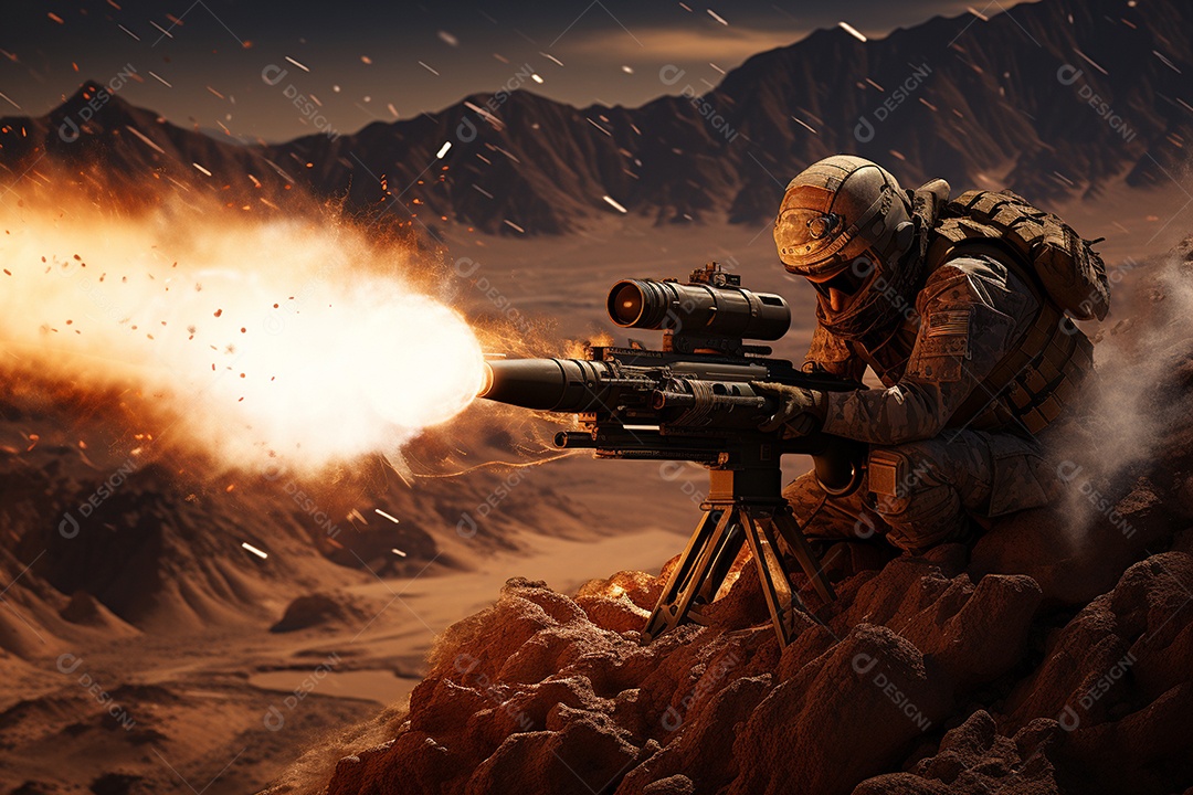 Vista panorâmica de um soldado usando fuzil em guerra sobre fundo de montanhas