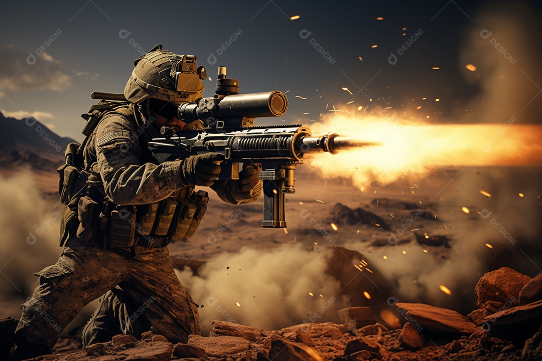 Vista panorâmica de um soldado usando fuzil em guerra sobre fundo de montanhas