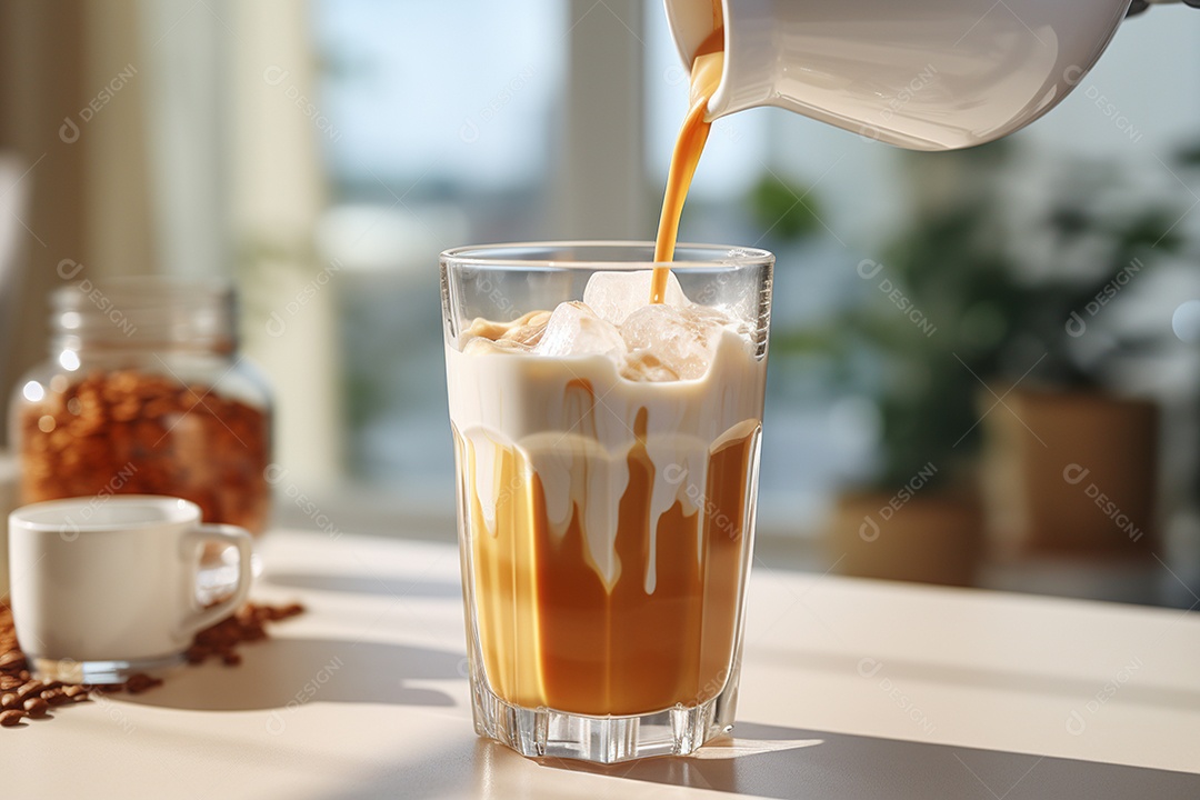 Despejando café em um belo copo de leite morno sobre mesa marmore IA