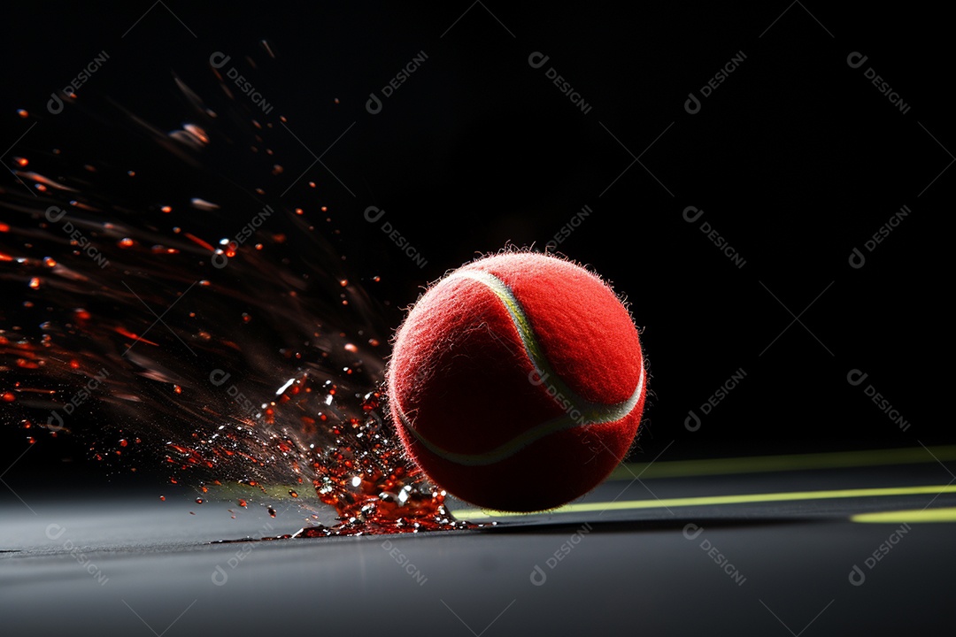 Bola de tênis vermelha pulando no chão sobre fundo preto isolado IA