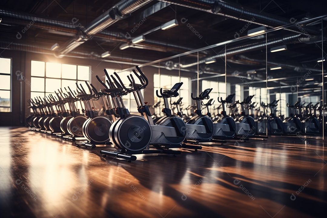 Belas fileira de bikes ergométricas em academia sobre piso de madeira IA