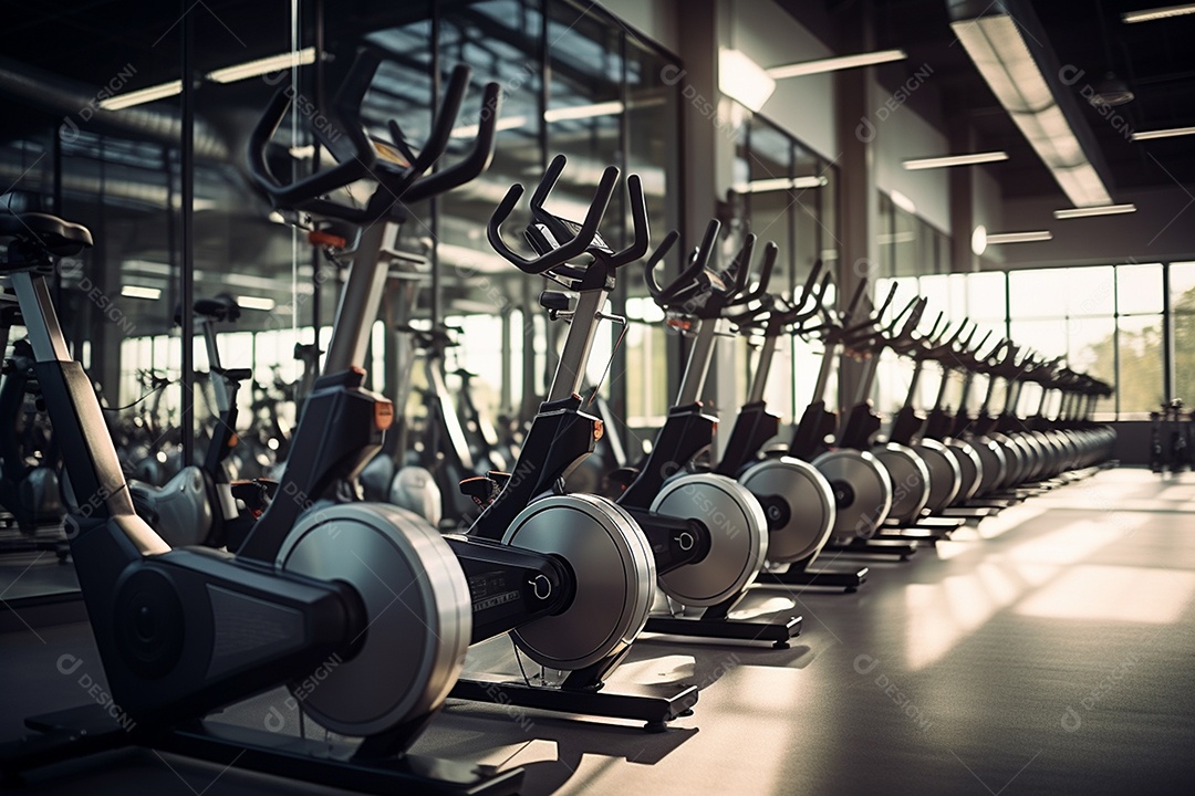 Belas fileira de bikes ergométricas em academia sobre piso de madeira IA