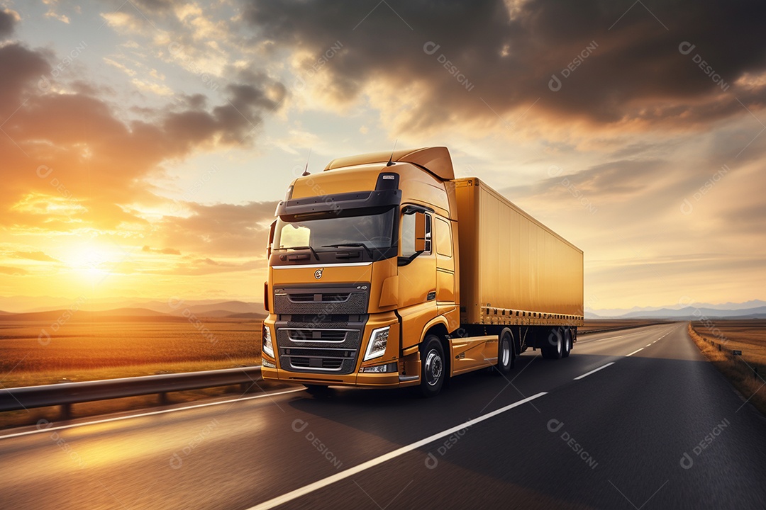 Lindo caminhão em estrada dirigindo á caminho de logística e supermecados ao pôr do sol