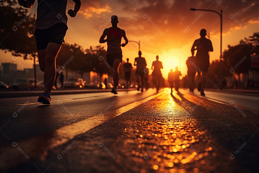 Vários atletas correndo em pista molhada para treinamento de maratona IA
