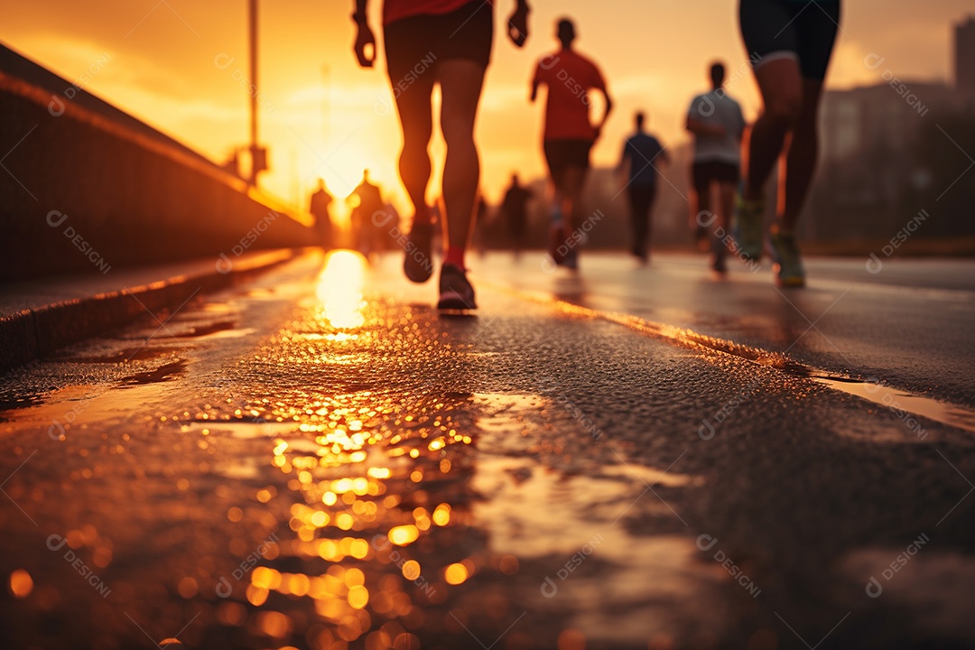 Vários atletas correndo em pista molhada para treinamento de maratona IA