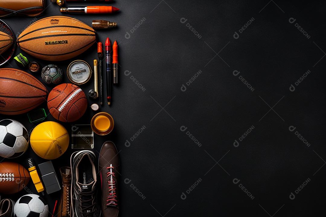 Vista ampla de equipamento esportivo em fundo preto IA