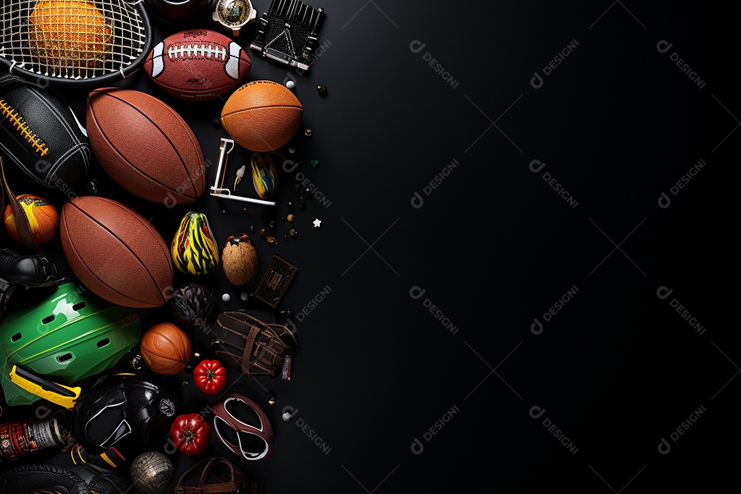 Vista ampla de equipamento esportivo em fundo preto IA