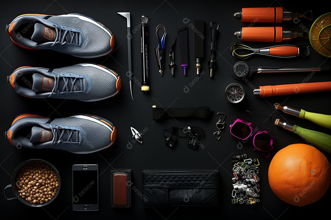 Vista ampla de equipamento esportivo em fundo preto IA