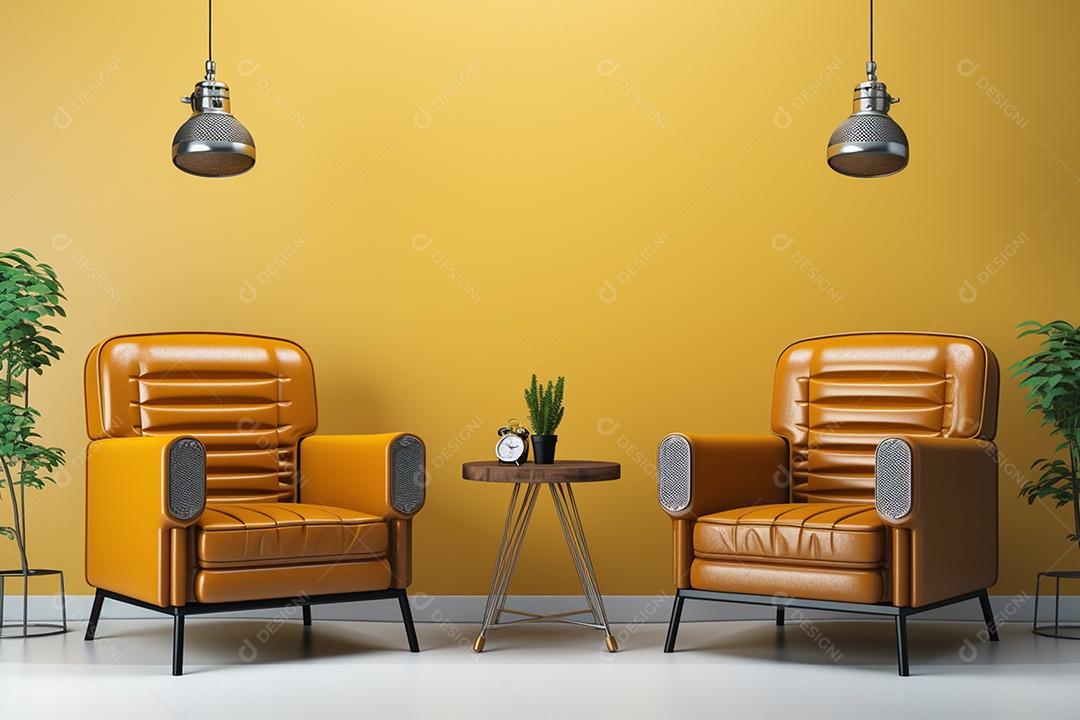 Bela sala de podcast com cadeiras e microfones em fundo amarelo isolado IA