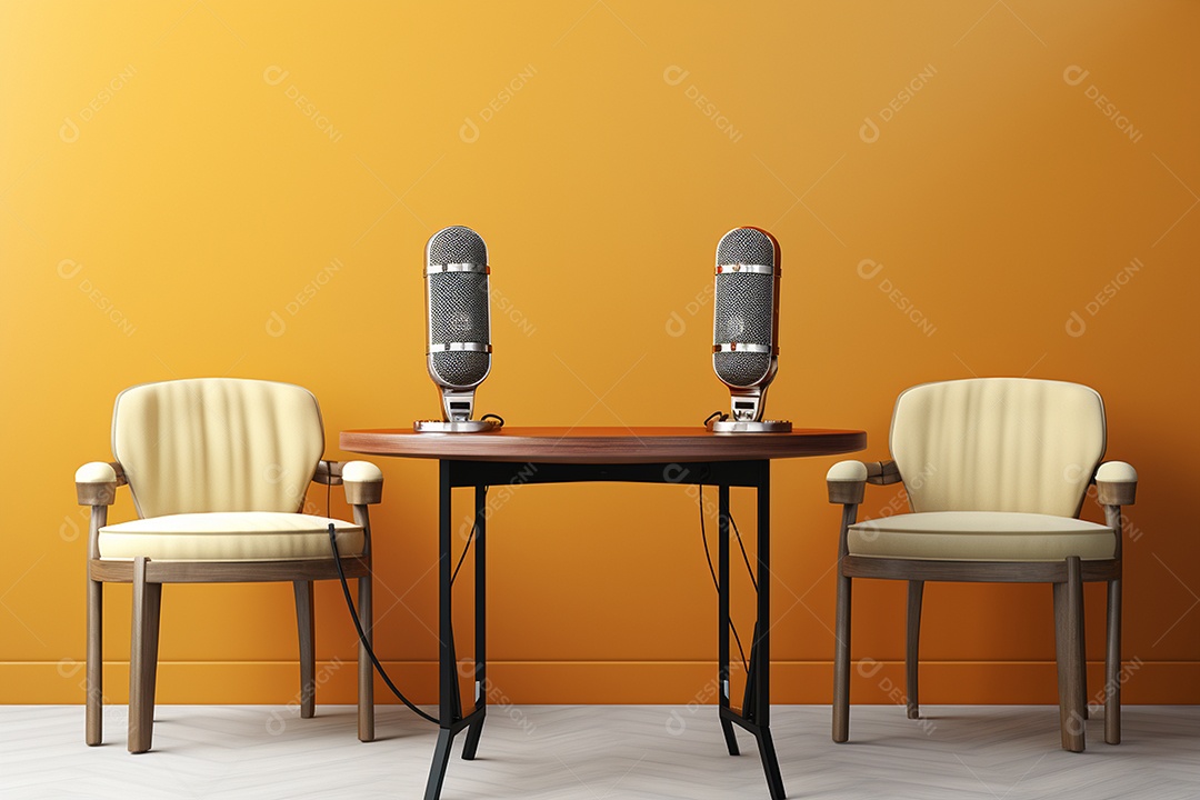 Bela sala de podcast com cadeiras e microfones sobre mesa de madeira em fundo amarelo isolado IA