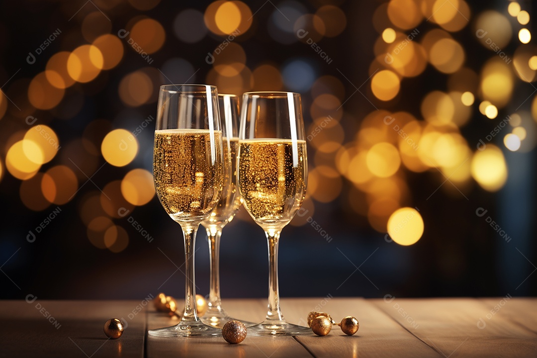 Belas taças de champanhe em fundo de festival com desfoque de luzes IA