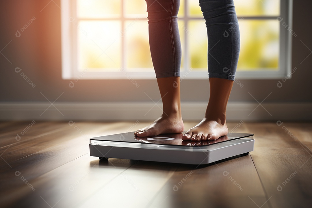 Mulher medindo seu peso em balança digital sobre chão de madeira IA