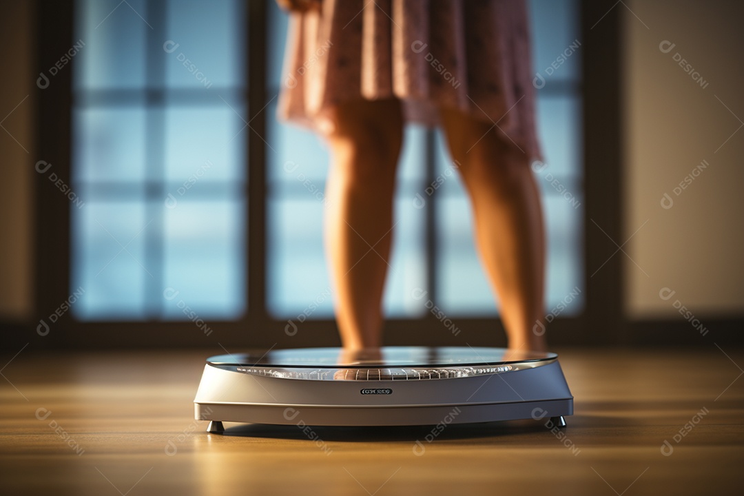 Mulher medindo seu peso em balança digital sobre chão de madeira IA