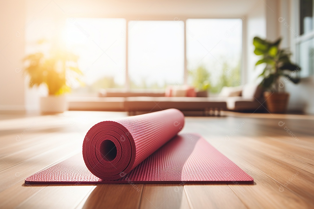 Bela tapete de yoga rosa em HD sobre chão de madeira IA
