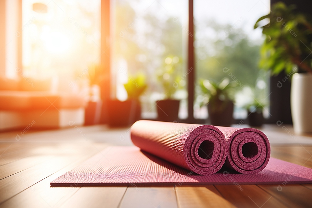 Bela tapete de yoga rosa em HD sobre chão de madeira IA