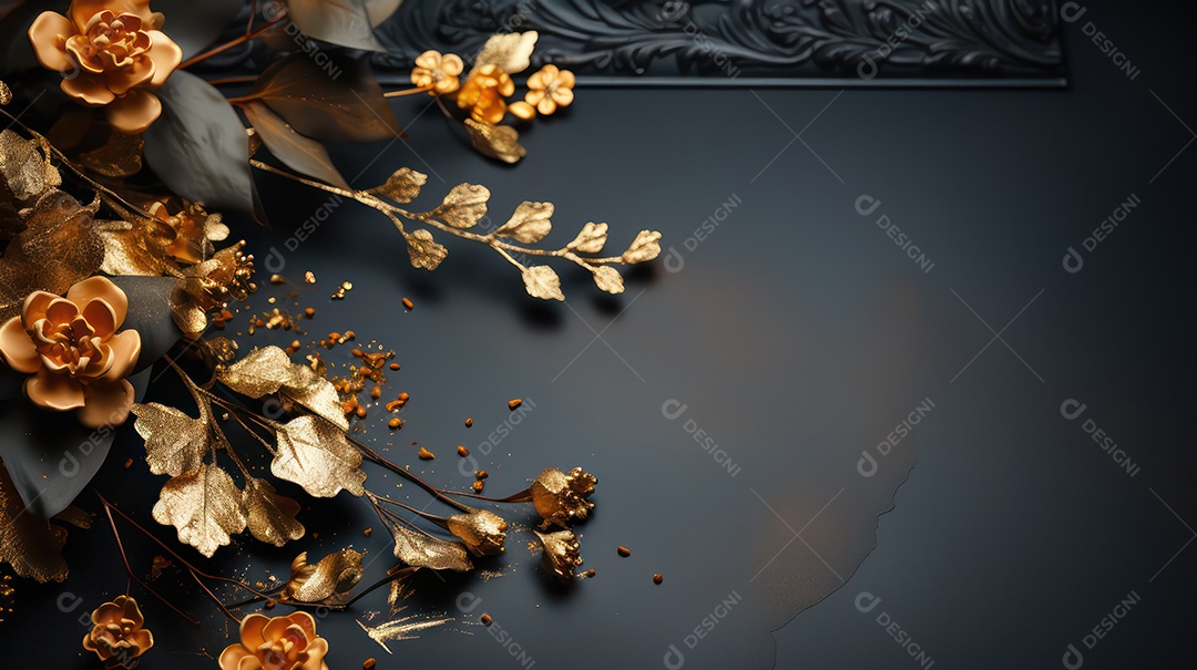 Fundo preto e azul com flores e folhas douradas.
