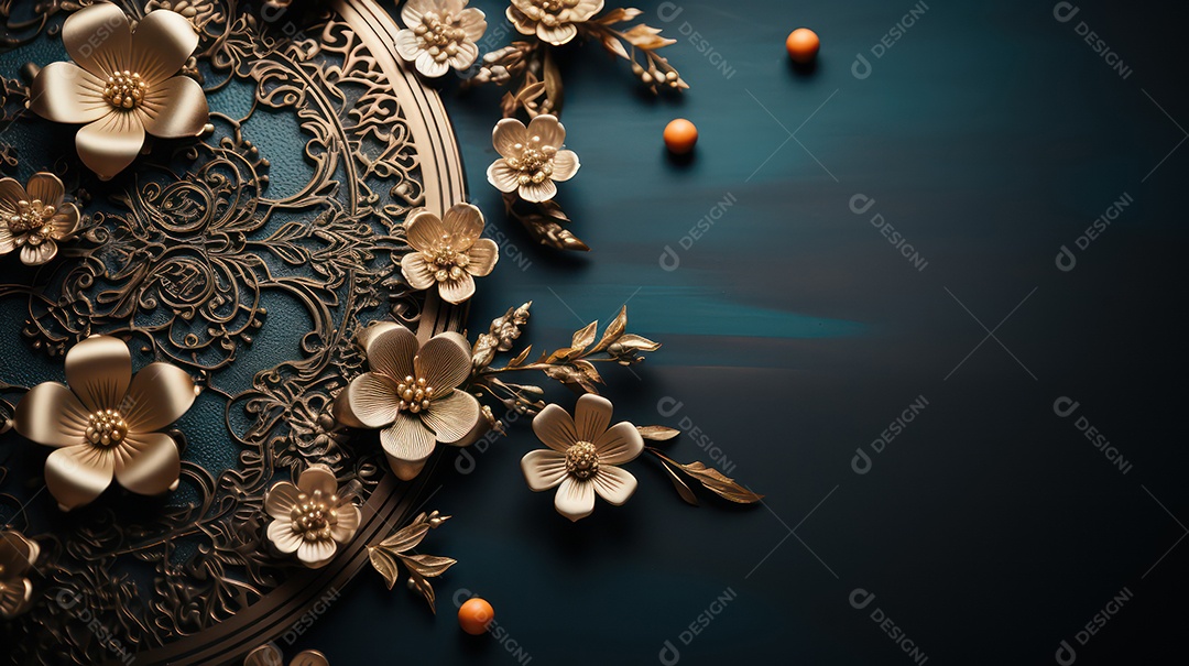 Fundo preto e azul com flores e folhas douradas.