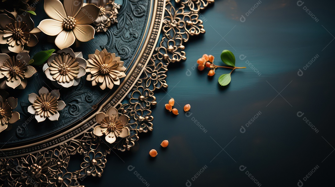 Moldura sobre fundo preto e azul com flores e folhas douradas.