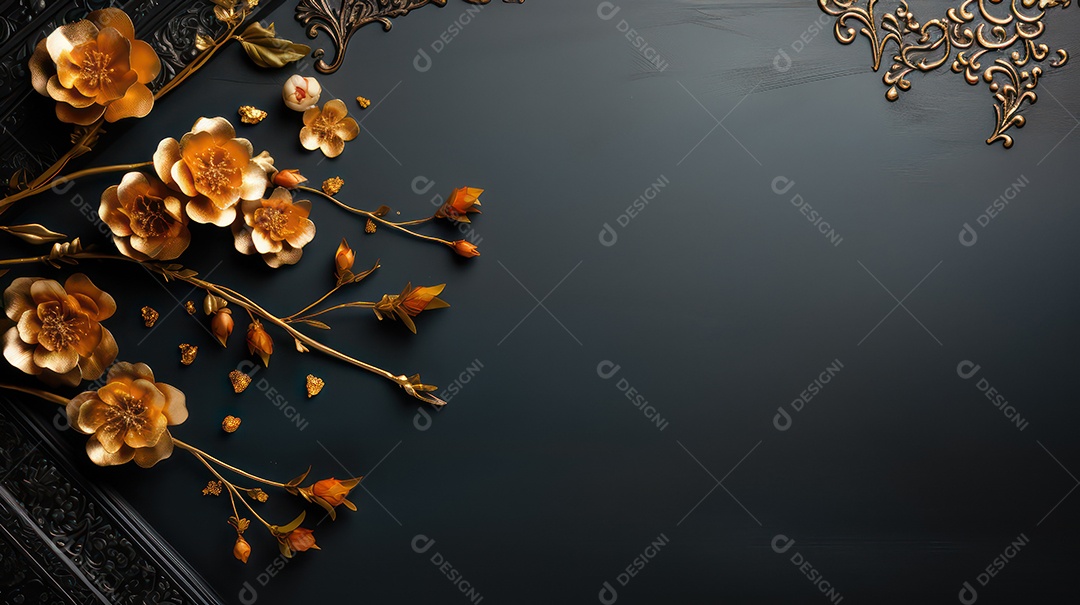 Fundo preto com flores e folhas douradas.